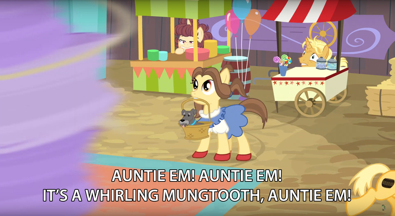 Size: 2880x1578 | Tagged: safe, derpibooru import, edit, screencap, bon appétit, gourmand ramsay, ruby slippers (pony), unnamed character, unnamed pony, dog, pony, whirling mungtooth, growing up is hard to do, appaloosa, background pony, balloon, basket, cart, clothes, cowering, crossover, dorothy gale, dress, gordon ramsay, hay bale, meme, reference, running, shoes, text edit, the wizard of oz, twister