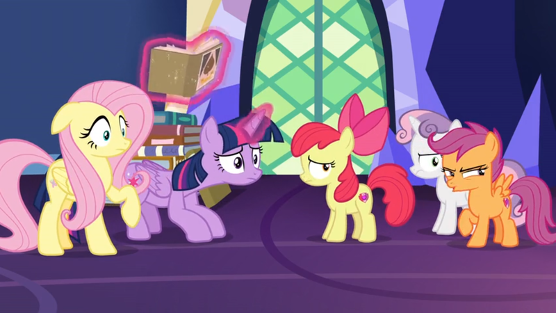 Size: 1600x900 | Tagged: safe, derpibooru import, screencap, apple bloom, fluttershy, scootaloo, sweetie belle, twilight sparkle, twilight sparkle (alicorn), alicorn, pony, growing up is hard to do, book, cutie mark crusaders, door, levitation, magic, stack, telekinesis, twilight's castle, upset