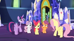 Size: 1600x900 | Tagged: safe, derpibooru import, screencap, apple bloom, fluttershy, scootaloo, sweetie belle, twilight sparkle, twilight sparkle (alicorn), alicorn, pony, growing up is hard to do, butt, cutie mark crusaders, door, frown, plot, sad, throne room, twilight's castle, unamused, upset