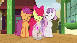Size: 800x450 | Tagged: safe, derpibooru import, screencap, apple bloom, scootaloo, sweetie belle, earth pony, pegasus, pony, unicorn, growing up is hard to do, age regression, age spell, animated, apple bloom's bow, bow, crystal, cutie mark crusaders, eyes closed, flower, gif, hair bow, magic, magic flower, magic glow, older, older apple bloom, older cmc, older scootaloo, older sweetie belle, train station, wings, wish, wishing flower