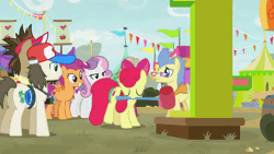 Size: 800x450 | Tagged: safe, derpibooru import, screencap, apple bloom, fortune favors, fruit pack, globe trotter, happy khaki, prairie belle, ruby splash, scootaloo, sweetie belle, trail blazer, winter wisp, earth pony, pegasus, pony, growing up is hard to do, animated, background pony, bell, carrying, cheering, crowd surfing, cutie mark, cutie mark crusaders, excited, eyes closed, fairground, game, gif, hammer, happy, high striker, lift up, older, older apple bloom, older cmc, older scootaloo, older sweetie belle, running, stand, swing, the cmc's cutie marks