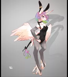 Size: 1792x2048 | Tagged: alicorn, alternate hairstyle, anthro, arm hooves, armpits, artist:toki, bunny ears, bunnylestia, bunny suit, clothes, cloven hooves, derpibooru import, female, leonine tail, leotard, mare, pantyhose, playboy bunny, princess celestia, safe, short hair, solo, tail wrap, unguligrade anthro, unshorn fetlocks