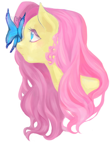 Size: 3881x5000 | Tagged: safe, artist:memori-p, derpibooru import, fluttershy, butterfly, pony, bust, butterfly on nose, female, insect on nose, looking at something, mare, portrait, profile, simple background, solo, white background