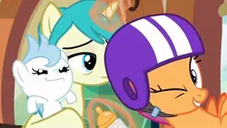 Size: 640x360 | Tagged: safe, derpibooru import, screencap, bright morning, cloudy winds, cotton chip, scootaloo, pony, growing up is hard to do, baby bottle, being big is all it takes, helmet, older, older scootaloo, one eye closed, wink