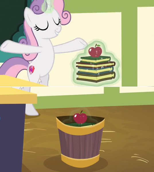 Size: 1600x1788 | Tagged: apple, being big is all it takes, book, chalkboard, comic, derpibooru import, dropping, edit, edited screencap, food, growing up is hard to do, levitation, magic, older, older sweetie belle, open arms, safe, screencap, screencap comic, solo, stack, sweetie belle, telekinesis, trash, trash can