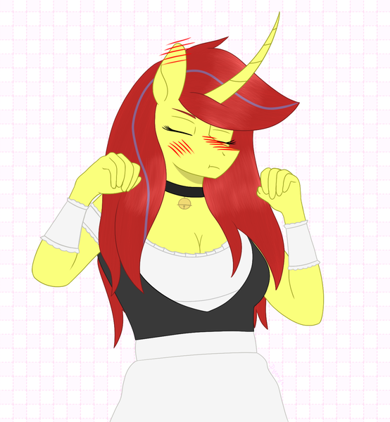 Size: 1339x1451 | Tagged: anthro, artist:dyonys, blushing, choker, clothes, curved horn, derpibooru import, eyes closed, female, horn, maid, oc, oc:maya yamato, safe, :t