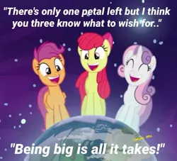 Size: 1024x929 | Tagged: safe, derpibooru import, edit, edited screencap, screencap, apple bloom, scootaloo, sweetie belle, pony, growing up is hard to do, being big is all it takes, cropped, cutie mark crusaders, giant pony, macro, older, older apple bloom, older cmc, older scootaloo, older sweetie belle, pony bigger than a planet