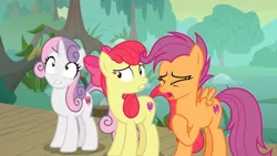 Size: 1600x900 | Tagged: apple bloom, cutie mark, cutie mark crusaders, derpibooru import, growing up is hard to do, hayseed swamp, older, older apple bloom, older cmc, older scootaloo, older sweetie belle, safe, scootaloo, screencap, stomach ache, swamp, sweetie belle, the cmc's cutie marks, worried