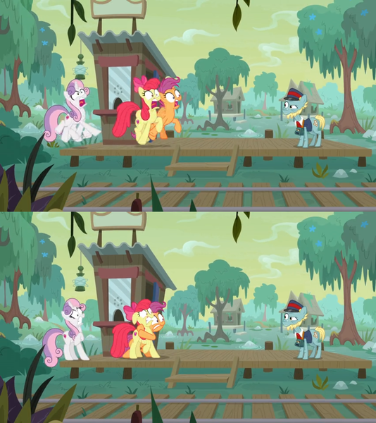 Size: 1600x1798 | Tagged: apple bloom, booth, camera, comic, creepy, cutie mark, cutie mark crusaders, derpibooru import, edit, edited screencap, frightened, growing up is hard to do, hayseed swamp, hug, lantern, loose tracks, older, older apple bloom, older cmc, older scootaloo, older sweetie belle, platform, safe, scared, scootaloo, screaming, screencap, screencap comic, swamp, sweetie belle, the cmc's cutie marks, train tracks, tree