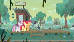 Size: 1600x900 | Tagged: apple bloom, booth, creepy, cutie mark, cutie mark crusaders, derpibooru import, grin, growing up is hard to do, lantern, loose tracks, older, older apple bloom, older cmc, older scootaloo, older sweetie belle, platform, safe, scootaloo, screencap, smiling, swamp, sweetie belle, the cmc's cutie marks, train tracks, tree