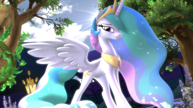 Size: 3840x2160 | Tagged: safe, artist:loveslove, derpibooru import, princess celestia, alicorn, pony, 3d, 4k, beautiful, chestplate, crown, ethereal mane, ethereal tail, female, flowing mane, flowing tail, jewelry, lidded eyes, looking at you, mare, multicolored mane, multicolored tail, peytral, regalia, smiling, solo, source filmmaker, spread wings, sun, sunlight, tree, wings