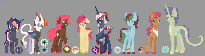 Size: 1280x354 | Tagged: safe, artist:keslix, derpibooru import, oc, oc:apple commet, oc:fireflies, oc:flora de lunam, oc:hypno sun, oc:party swirl, oc:quartz claws, oc:tornado rain, oc:trinity sparkle, unofficial characters only, alicorn, bat pony, bat pony alicorn, dracony, dragon, earth pony, hybrid, pegasus, pony, unicorn, base used, bat wings, colored hooves, cutie mark, deviantart watermark, gray background, horn, interspecies offspring, magical lesbian spawn, next generation, obtrusive watermark, offspring, parent:applejack, parent:big macintosh, parent:cheese sandwich, parent:discord, parent:flash magnus, parent:flash sentry, parent:fluttershy, parent:king sombra, parent:pinkie pie, parent:princess celestia, parent:princess luna, parent:rainbow dash, parent:rarity, parent:spike, parent:tempest shadow, parent:twilight sparkle, parents:cheesepie, parents:dashmagnus, parents:dislestia, parents:flashlight, parents:fluttermac, parents:lumbra, parents:sparity, parents:tempestjack, simple background, watermark, wings