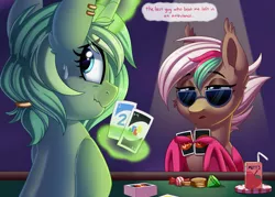 Size: 2011x1440 | Tagged: safe, artist:thegamblehorse, deleted from derpibooru, derpibooru import, oc, oc:data breach, unofficial characters only, bat pony, pony, unicorn, bat pony oc, bat wings, card, coin, dialogue, emerald, female, gambling, juice, juice box, magic, mare, not lyra, playing card, sunglasses, this will end in pain, uno, uwu, wild draw four, wings