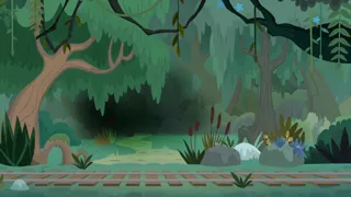 Size: 1600x900 | Tagged: safe, derpibooru import, screencap, pony, growing up is hard to do, cattails, dark, forest, mysterious, pathway, rock, swamp, train tracks, tree, vine