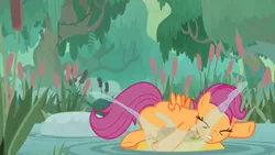 Size: 1600x900 | Tagged: bufogren, cattails, derpibooru import, forest, growing up is hard to do, older, older scootaloo, safe, scootaloo, screencap, slipping, solo, splash, swamp