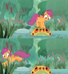 Size: 1600x1740 | Tagged: bufogren, cattails, comic, cutie mark, derpibooru import, edit, edited screencap, forest, growing up is hard to do, jumping, older, older scootaloo, safe, scared, scootaloo, screencap, screencap comic, swamp, the cmc's cutie marks, upset
