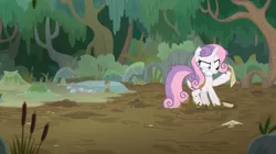 Size: 1600x894 | Tagged: safe, derpibooru import, screencap, sweetie belle, pony, growing up is hard to do, bush, cattails, dirt, frustrated, mud, muddy, muddy hooves, older, older sweetie belle, paper, sticky, stuck, swamp, tree