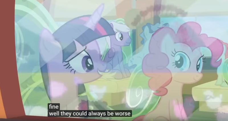 Size: 1272x675 | Tagged: safe, derpibooru import, screencap, ballet jubilee, pinkie pie, silver script, star bright, twilight sparkle, twilight sparkle (alicorn), alicorn, pony, the last problem, caption, train