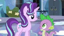 Size: 640x360 | Tagged: safe, artist:evil-dec0y, derpibooru import, screencap, spike, starlight glimmer, trixie, dragon, pony, unicorn, the crystalling, animated, clapping, cute, diatrixes, female, gif, glimmerbetes, hug, male, mare, shipper on deck, shipping, snow, sparlight, spikabetes, straight, trio
