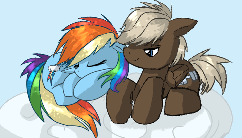 Size: 848x485 | Tagged: safe, artist:rumbletree6, derpibooru import, dumbbell, rainbow dash, pony, cloud, cutie mark, dumbdash, female, lidded eyes, male, mare, shipping, sidemouth, sleeping, smiling, stallion, straight