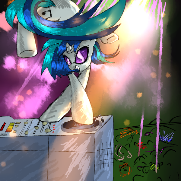 Size: 2000x2000 | Tagged: safe, artist:rumbletree6, derpibooru import, vinyl scratch, pony, unicorn, acrobatics, art trade, awesome, cutie mark, female, grin, mare, mixing console, narrowed eyes, smiling, solo