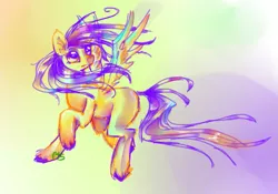 Size: 1763x1236 | Tagged: safe, artist:rumbletree6, derpibooru import, pegasus, pony, abstract background, blank flank, female, flying, mare, solo, spread wings, windswept mane, wings