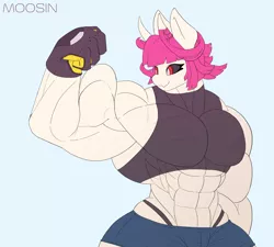 Size: 3000x2700 | Tagged: anthro, armpits, artist:mopyr, biceps, black sclera, breasts, buff breasts, clothes, daisy dukes, derpibooru import, female, fetish, flexing, gloves, horn, muscle fetish, muscles, oc, oc:fort, original species, overdeveloped muscles, pink hair, shorts, skintight clothes, solo, suggestive, unofficial characters only