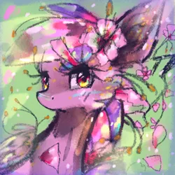 Size: 2000x2000 | Tagged: safe, artist:rumbletree6, derpibooru import, oc, oc:moonlight blossom, unofficial characters only, pegasus, pony, abstract background, female, flower, flower in hair, lidded eyes, looking at you, mare, solo