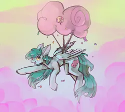 Size: 1112x1000 | Tagged: safe, artist:rumbletree6, derpibooru import, oc, unofficial characters only, pegasus, pony, art trade, big ears, candy, cloud, cotton candy, cotton candy cloud, cutie mark, female, floppy ears, flying, food, heterochromia, lollipop, mare, raised hoof, smiling, solo, speedpaint available