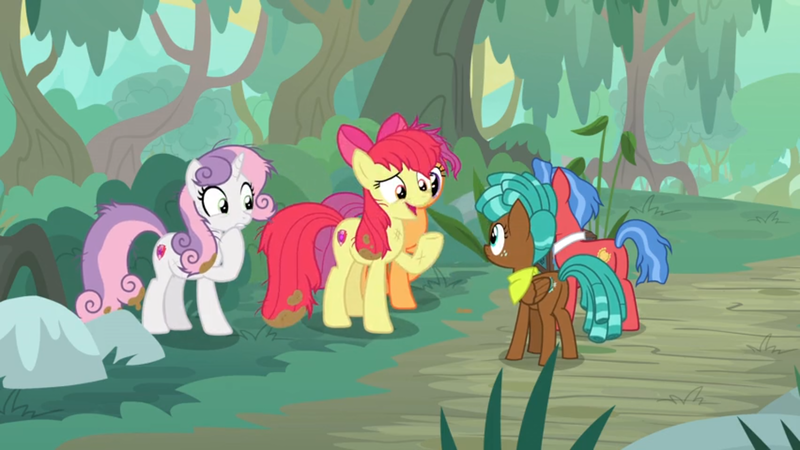 Size: 1600x900 | Tagged: apple bloom, biscuit, bush, cutie mark, cutie mark crusaders, derpibooru import, dirt, forest, frazzled, grin, growing up is hard to do, mud, nervous, nervous grin, older, older apple bloom, older cmc, older scootaloo, older sweetie belle, road, safe, scootaloo, screencap, smiling, spur, sweetie belle, the cmc's cutie marks