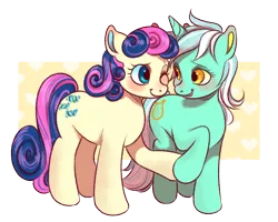 Size: 1000x800 | Tagged: safe, artist:xlerotl, derpibooru import, bon bon, lyra heartstrings, sweetie drops, earth pony, pony, unicorn, abstract background, adorabon, best friends, blushing, cute, female, holding hooves, lesbian, looking at each other, lyrabetes, lyrabon, mare, one eye closed, shipping, simple background, smiling, standing, transparent background, wink