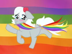 Size: 672x506 | Tagged: safe, artist:fskindness, derpibooru import, oc, pony, dock, female, flag, flag waving, gay pride flag, lesbian, lgbt, pride, pride background, pride flag