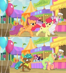 Size: 1600x1782 | Tagged: safe, derpibooru import, edit, edited screencap, screencap, apple bloom, floral pattern, jeff letrotski, jiffy bake, scootaloo, spur, sweetie belle, pony, growing up is hard to do, balloon, candy, comic, cup, cutie mark, cutie mark crusaders, food, food stand, galloping, glass, lollipop, neckerchief, older, older apple bloom, older cmc, older scootaloo, older sweetie belle, pitcher, screencap comic, tent, the cmc's cutie marks, vendor, worried