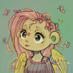 Size: 500x500 | Tagged: artist:rumbletree6, butterfly, clothes, derpibooru import, fluttershy, green background, human, humanized, safe, simple background, sweater, sweatershy, winged humanization, wings