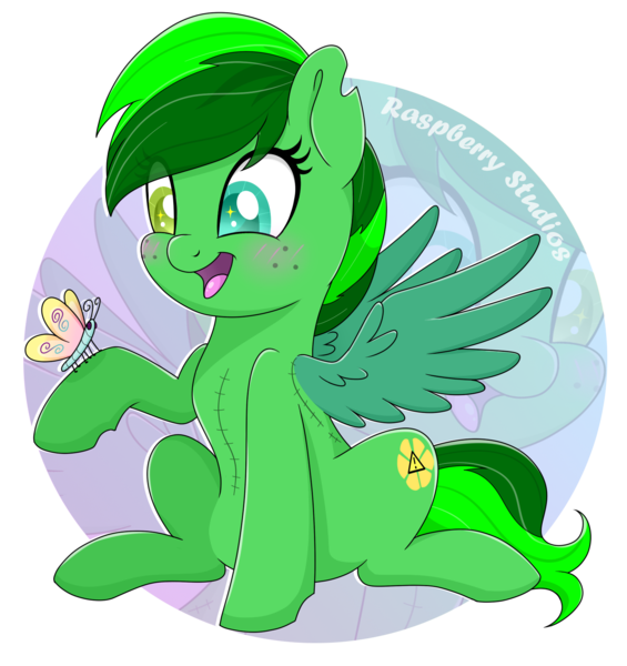 Size: 1527x1621 | Tagged: safe, artist:raspberrystudios, derpibooru import, oc, oc:shining emerald, unofficial characters only, butterfly, pegasus, pony, chibi, commission, cute, heterochromia, pegasus oc, scar, wings