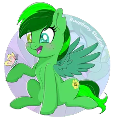 Size: 1527x1621 | Tagged: safe, artist:raspberrystudios, derpibooru import, oc, oc:shining emerald, unofficial characters only, butterfly, pegasus, pony, chibi, commission, cute, heterochromia, pegasus oc, scar, wings