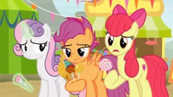 Size: 1600x900 | Tagged: apple bloom, banner, candy, carnival, cone, cutie mark, cutie mark crusaders, deep fried, derpibooru import, food, food stand, growing up is hard to do, levitation, lollipop, magic, older, older apple bloom, older cmc, older scootaloo, older sweetie belle, safe, scootaloo, screencap, sweetie belle, telekinesis, tent, the cmc's cutie marks