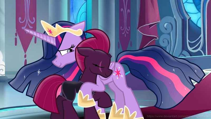 Size: 2928x1647 | Tagged: safe, artist:ejlightning007arts, derpibooru import, princess twilight 2.0, tempest shadow, twilight sparkle, twilight sparkle (alicorn), alicorn, pony, the last problem, spoiler:s09, broken horn, canterlot, cute, eye scar, eyes closed, female, horn, hug, immortality blues, jewelry, lesbian, older, older tempest shadow, reunion, scar, shipping, tempestlight, throne, tiara, ultimate twilight