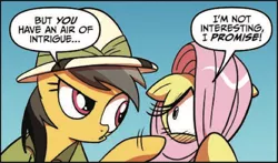 Size: 550x324 | Tagged: safe, artist:amy mebberson, derpibooru import, idw, daring do, fluttershy, pony, spoiler:comic, spoiler:comic15, blatant lies, dialogue, duo, female, hat, hiding behind mane, mare, official comic, pith helmet, speech bubble