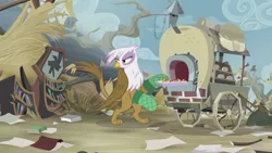 Size: 2100x1181 | Tagged: safe, derpibooru import, screencap, gilda, gryphon, the lost treasure of griffonstone, cart, female, frown, griffon scone, griffonstone, looking back, oven mitts, solo