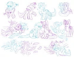 Size: 2600x2000 | Tagged: safe, artist:afkcyrist, derpibooru import, rainbow dash, twilight sparkle, twilight sparkle (alicorn), alicorn, pegasus, pony, annoyed, bandage, blanket, blushing, cheek squish, cuddling, cute, ear pull, exclamation point, eyes closed, feather, female, flapping, flying, injured, kiss on the cheek, kissing, lesbian, magic, mare, music notes, paper, quill, quill pen, shipping, simple background, singing, sketch, sketch dump, smiling, snuggling, spread wings, squishy cheeks, telekinesis, tongue out, twidash, unamused, white background, wind, wingboner, wings