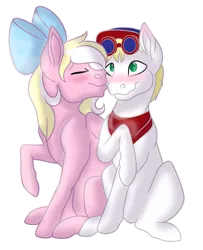 Size: 805x992 | Tagged: safe, artist:spirit--productions, derpibooru import, oc, oc:bay breeze, oc:triforce treasure, earth pony, pegasus, pony, blushing, cute, kiss on the cheek, kissing, shipping