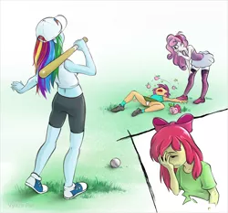 Size: 1158x1080 | Tagged: suggestive, artist:vyazinrei, derpibooru import, apple bloom, pinkie pie, rainbow dash, scootaloo, sweetie belle, equestria girls, spoiler:comic, spoiler:comic32, apple pinkie, armpits, baseball bat, baseball cap, breasts, cap, clothes, compression shorts, converse, cutie mark crusaders, delicious flat chest, facepalm, hat, legs, living apple, miniskirt, panties, scootaflat, shoes, shorts, skirt, skirt lift, skirtaloo, slapstick, sneakers, socks, stockings, tanktop, thigh highs, underwear, upskirt, white underwear, zettai ryouiki