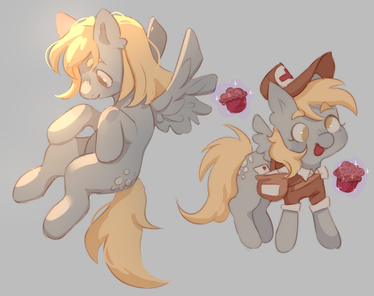 Size: 2035x1611 | Tagged: safe, artist:forestfolke, derpibooru import, derpy hooves, pegasus, pony, bag, blonde, cap, clothes, cute, derpabetes, female, flying, food, hat, mailmare, mare, muffin, no pupils, saddle bag, simple background, solo, uniform