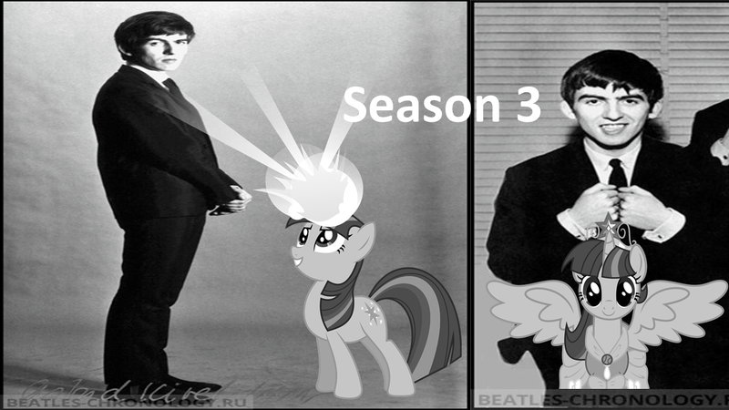 Size: 1280x720 | Tagged: safe, derpibooru import, twilight sparkle, twilight sparkle (alicorn), alicorn, human, unicorn, season 3, big crown thingy, black and white, clothes, coronation dress, dress, element of magic, george harrison, grayscale, irl, irl human, jewelry, monochrome, photo, please please me, regalia, stock vector