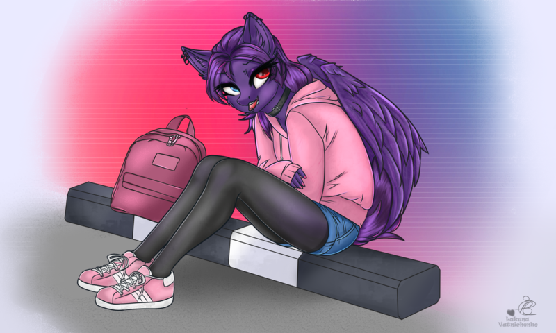 Size: 3600x2160 | Tagged: anthro, anthro oc, artist:lakunae, clothes, derpibooru import, eyelashes, eyeshadow, female, heterochromia, hoodie, makeup, oc, oc:pestyskillengton, pantyhose, pegasus, pegasus oc, piercing, plantigrade anthro, safe, shoes, shorts, sitting, sneakers, solo, unofficial characters only, wings