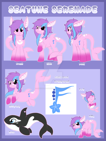 Size: 1600x2134 | Tagged: safe, artist:crystal-tranquility, derpibooru import, oc, oc:seatune serenade, dolphin, dolphin pony, merpony, orca, original species, pony, baby, baby pony, cutie mark, deviantart watermark, diaper, female, filly, obtrusive watermark, reference sheet, solo, watermark