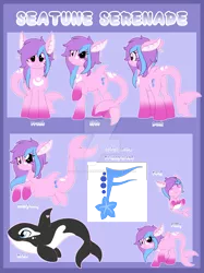Size: 1600x2134 | Tagged: safe, artist:crystal-tranquility, derpibooru import, oc, oc:seatune serenade, dolphin, dolphin pony, merpony, orca, original species, pony, baby, baby pony, cutie mark, deviantart watermark, diaper, female, filly, obtrusive watermark, reference sheet, solo, watermark