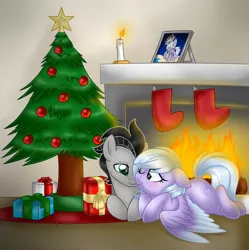 Size: 1700x1707 | Tagged: safe, artist:crystal-tranquility, derpibooru import, oc, oc:forged steel, oc:glitter jewel, unofficial characters only, pony, candle, christmas, christmas tree, female, fire, fireplace, hearth, holiday, male, mare, present, prone, stallion, tree