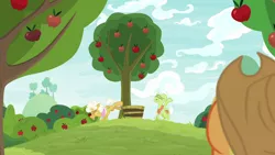 Size: 1280x720 | Tagged: safe, derpibooru import, screencap, applejack, goldie delicious, granny smith, pony, going to seed, apple, apple tree, food, tree